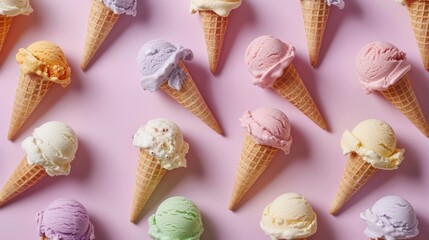 Pastel colored ice cream scoops and cones border on pastel violet background