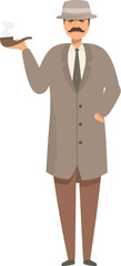 Confident detective character is holding a smoking pipe, wearing a hat and a coat