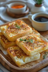 Close-up shot of a breakfast tray with toasted bread, spices, and rosemary