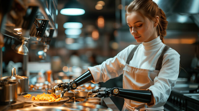 Attractive woman robot housewife in apron preparing food in kitchen
