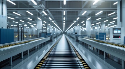 Futuristic smart factory interior showcasing a state-of-the-art conveyor belt system, automated production line with precision robotics, clean and organized environment