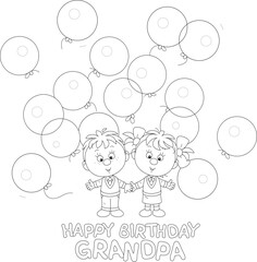 Happy birthday grandpa card with a funny little grandson and granddaughter with holiday balloons for their grandfather, black and white vector cartoon illustration