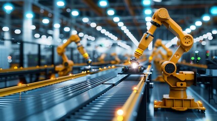 Futuristic smart factory interior showcasing a state-of-the-art conveyor belt system, automated production line with precision robotics, clean and organized environment