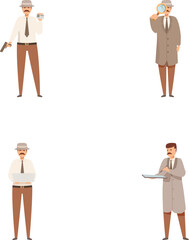 Collection of four illustrated detectives with magnifying glass, gun, and notebook on a white background