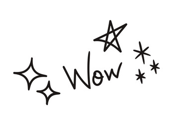 Obraz premium Playful And Whimsical Hand Drawn Doodle Set Featuring Stars And The Word Wow. Vector Black And White Illustration