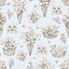 Seamless pattern with vintage monochrome bouquets with flowers in waffle cones and cupcakes on blue paper background. Watercolor hand drawn illustration