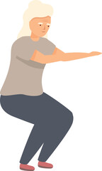 Senior woman doing squats, exercising indoors, maintaining healthy lifestyle