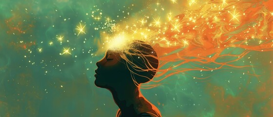 Illustration of a person with glowing light beams streaming from their head, turning into stars, symbolizing enlightenment and the spread of wisdom