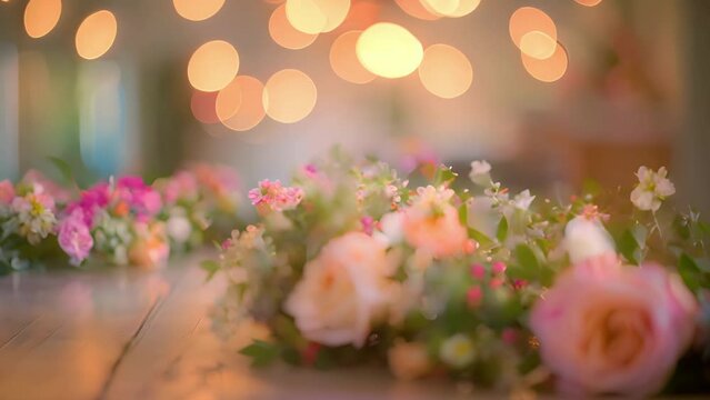 Defocused view of a DIY flower crown station at a bridal shower.