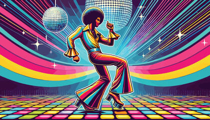 A disco man in dancing party, Man with afro hair and 1970s style clothes, colorful vector illustration, party invitation, advertisement