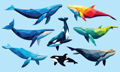 Various styles of whales, low polygon style, vector illustration, isolated on light blue background