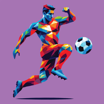 Football player with ball, low polygon style, vector illustration, sport man isolated on purple background