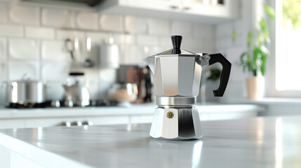 A shiny, silver moka pot sits on the white countertop of an elegant kitchen with minimalist decor. The background is blurred to focus attention on the coffee maker.