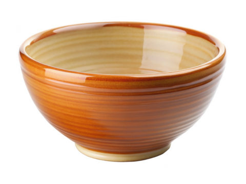 Orange ceramic bowl with gradient finish, perfect for serving soups, salads, or snacks. The glossy, smooth surface adds a touch of sophistication to any meal. Isolated on transparent background, png.