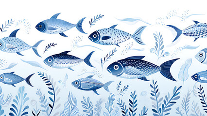 Powder Blue Fish - Ocean, Swimming, Light Blue, Nature Graphic, Light Colors, Cartoon Art, Abstract, Boho, Chic, Minimalist, Simple Art, Vector