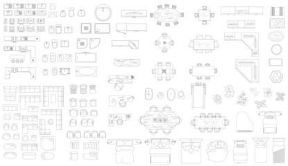 Obraz premium Set of furniture top view for apartments plan. The layout of the apartment design, technical drawing. Interior icon for bathrooms, living room, kitchen, bedroom, hallway . Vector illustration.