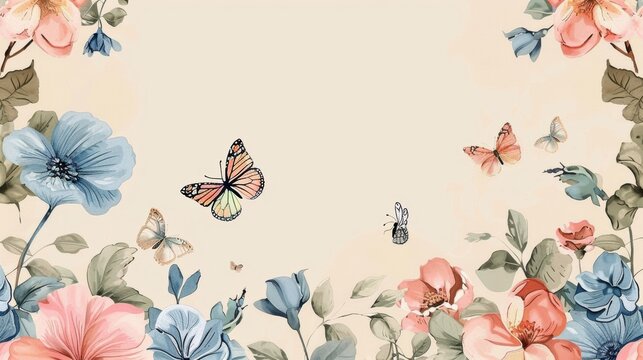 Elegant vintage floral border with pastel butterflies on a beige background, ideal for invitations and romantic designs