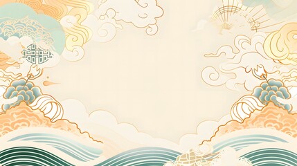 flat illustration of the sea, with golden auspicious clouds and circular geometric patterns
