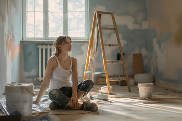 Young woman is sitting on the floor in room with renovations going on. Looking tired and burnout
