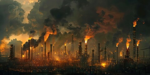 Obraz premium Chemical factory chimneys with raising smoke against red sunset sky in winter city during strong frost. View from afar of thermal power plant pipes emitting hazardous toxic pollutants into atmosphere