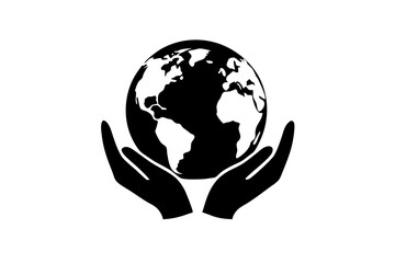 logo for a charity organization, hands holding planet earth, silhouette black color