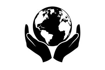 logo for a charity organization, hands holding planet earth, silhouette black color