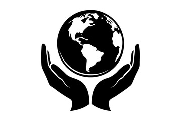 logo for a charity organization, hands holding planet earth, silhouette black color