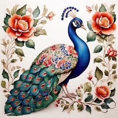 pattern Mughal peacock painting with mughal king on white background