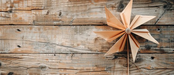 Fototapeta premium Close-up of a paper windmill on a wooden background, showcasing the texture and detail, ideal for artisanal and handmade themes