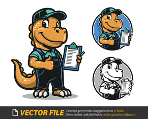 Fototapeta premium Cheerful Dinosaur Delivery Man Vector Illustration with Clipboard and Thumbs Up