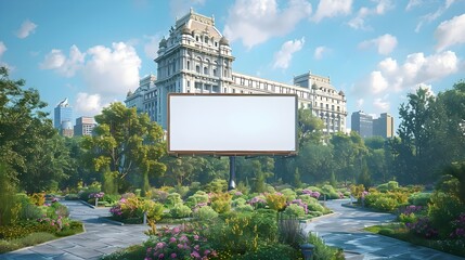 Impressive and iconic City Hall building with a blank white billboard in the foreground surrounded by a lush garden and park setting