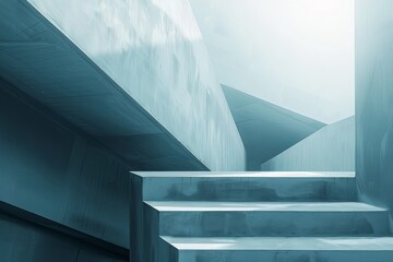 Minimalist interior design featuring geometric shapes, grey, and light blue colors