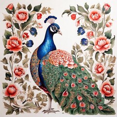pattern Mughal peacock painting with mughal king on white background