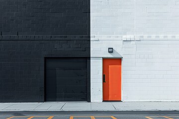 Minimalist warehouse facade with black and white sides, orange door. Architectural contrast concept.