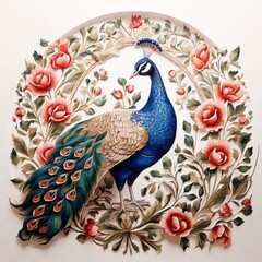 Fototapeta premium pattern Mughal peacock painting with mughal king on white background