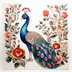 pattern Mughal peacock painting with mughal king on white background