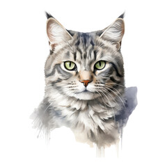 Fototapeta premium portrait of a grey cat watercolor isolated on transparent background cutout