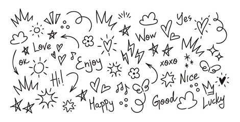 Cheerful Collection Of Doodles Featuring Positive Words And Symbols. Includes Hearts, Stars, Suns, Clouds, And Words