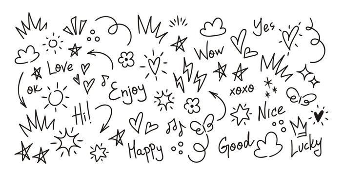 Naklejki Cheerful Collection Of Doodles Featuring Positive Words And Symbols. Includes Hearts, Stars, Suns, Clouds, And Words