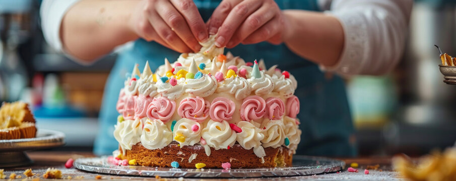 A baker decorating a birthday cake with colorful frosting and edible decorations, adding a personal touch to the celebration.