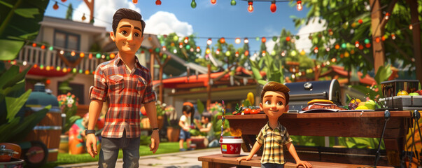 Fototapeta premium A family hosting a festive backyard barbecue, with a sizzling grill and plenty of outdoor games.
