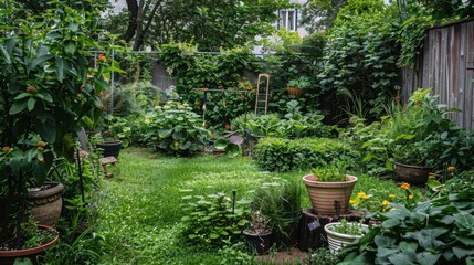 Fototapeta premium A lush garden with various plants and eco-friendly garden tools, showcasing sustainable gardening practices