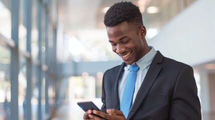 Phone, smiling, and mockup of a businessman typing a text in his workplace. Mobile, contact, and networking with a happy young corporate employee conversing online.