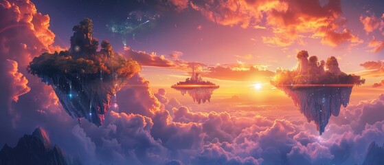 A fantasy landscape with floating islands and a vibrant sunset, highlighting imaginative and surreal elements