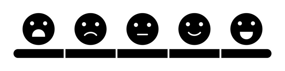 Feedback rating emoji icon set in black color. Five facial expression of feedback emoji sign symbol. Vector illustration.