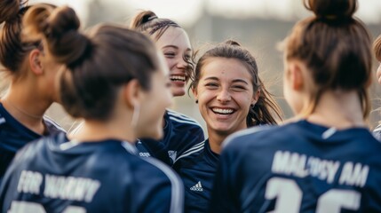 Variety, girl team and game inspiration, smile and talk for success, being joyful and speaking to win. Sportswomen, teamwork, match strategy, and huddle