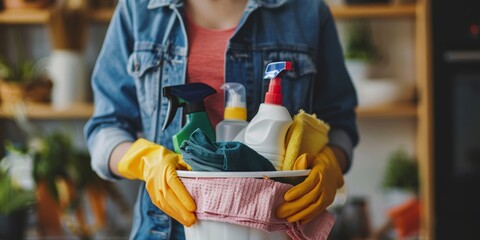Brushes, bottles, and liquid detergents are needed for cleaning and hygiene. Domestic and female staff performing service, fresh space and clothes