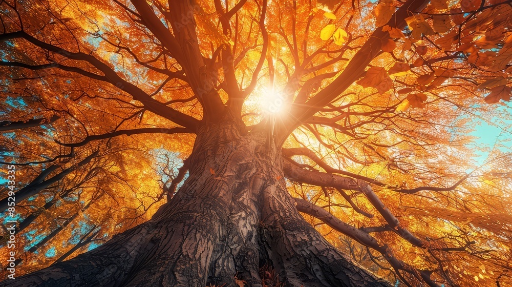 Sticker Stunning view from below of a majestic tree with vibrant autumn leaves and sunlight filtering through the branches,creating a warm,peaceful,and awe-inspiring natural landscape.