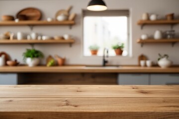 Wooden pedestal of kitchen on empty wooden table top counter on blur defocused bokeh free space for your decoration