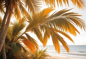 sea beach with palm tree leaves background, summer.Generative ai